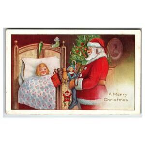 Vintage Santa Claus Christmas Postcard Child in Bed with Gifts